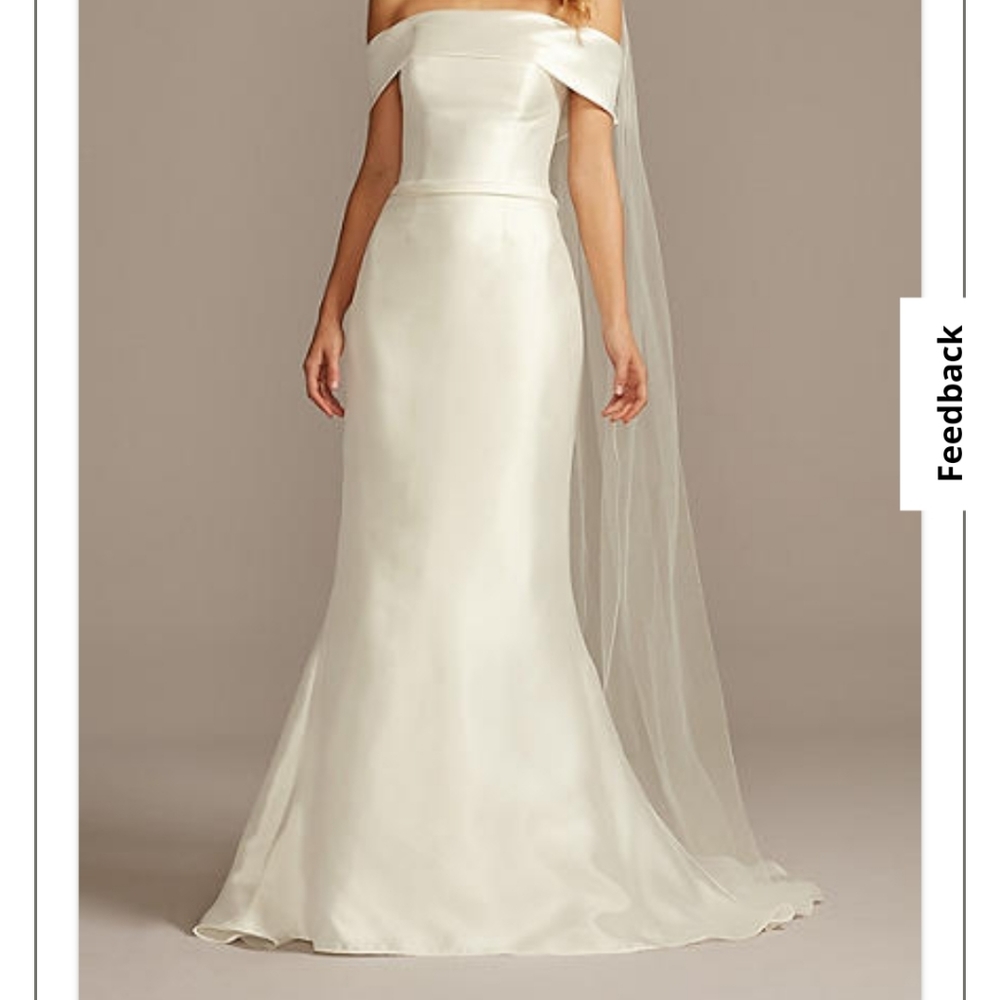 David's Bridal Off-the-Shoulder Mikado Trumpet Wedding Dress